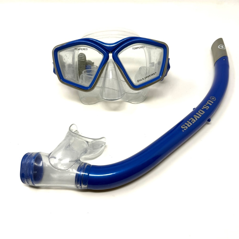 US Divers Snorkel Mask and Tube Set Blue Silver Tempered Glass Purge Valve